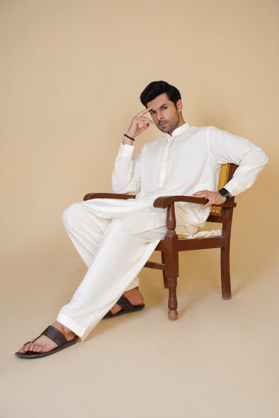 Al-Qaisar Men's Embroidered Cream Shalwar Kameez AQ-24