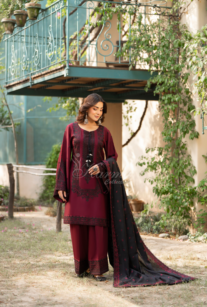 Karma Luxury Winter Collection – 3-Piece Ready-to-Wear(CRANBERRY ) -1530