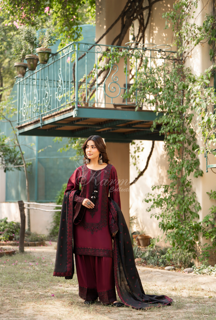 Karma Luxury Winter Collection – 3-Piece Ready-to-Wear(CRANBERRY ) -1530