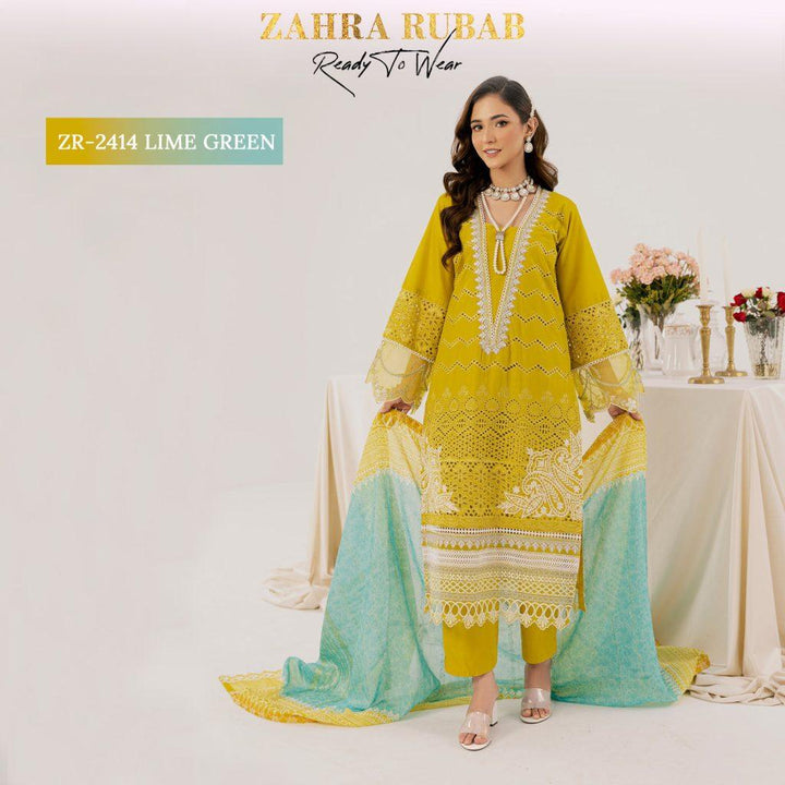 ZAHRA RUBAB 3 PIECE READYMADE CHIKAN KAARI ZR-2414 - Lime Green